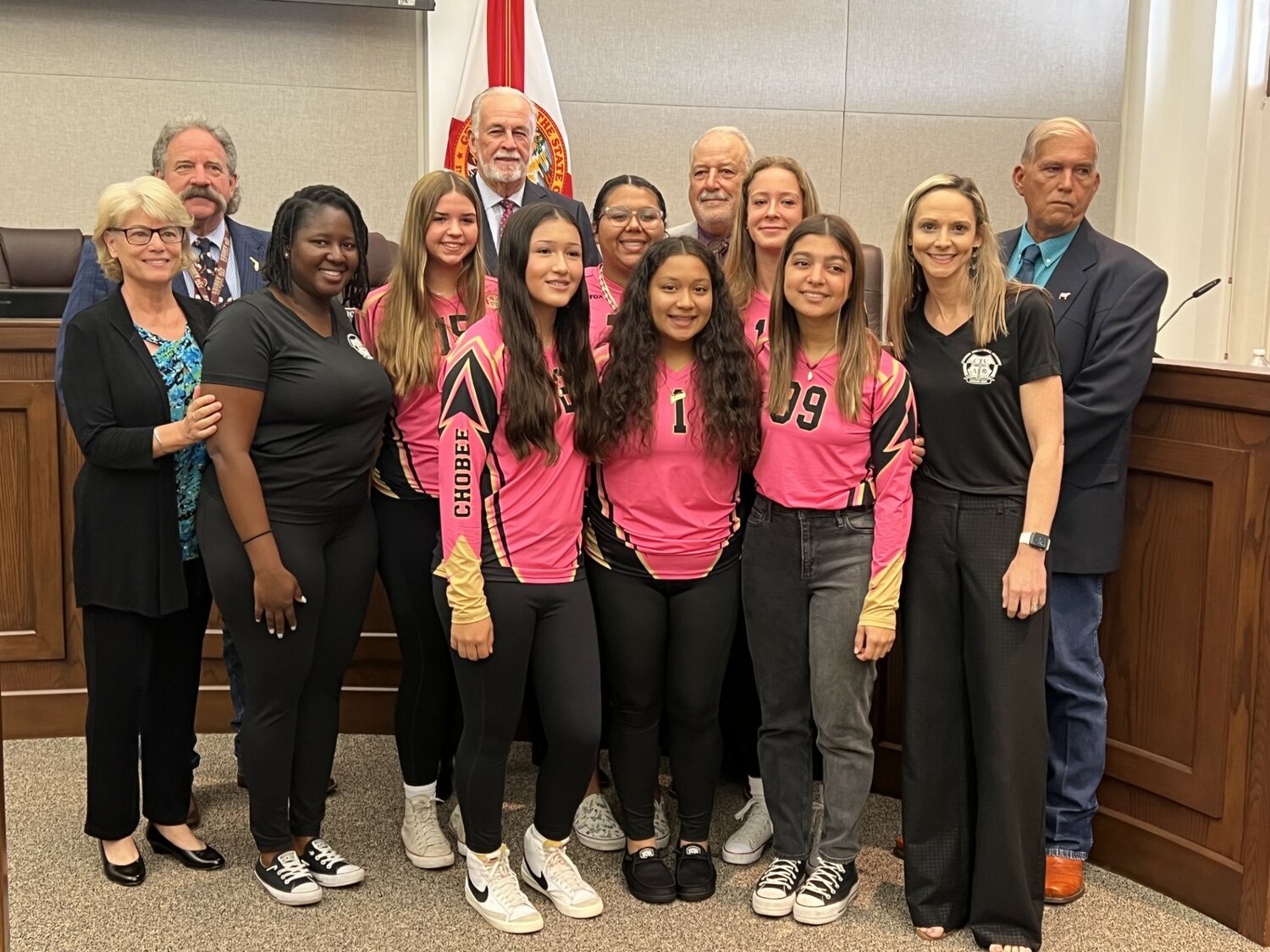 OKEECHOBEE – At their June 8 meeting, Okeechobee County Commissioners honored the 2023 Chobee Volleyball Academy 15 and Under Team advancement to the 50th AAU Girls Junior National Volleyball Championship. [Photo by Katrina Elsken/Lake Okeechobee News]